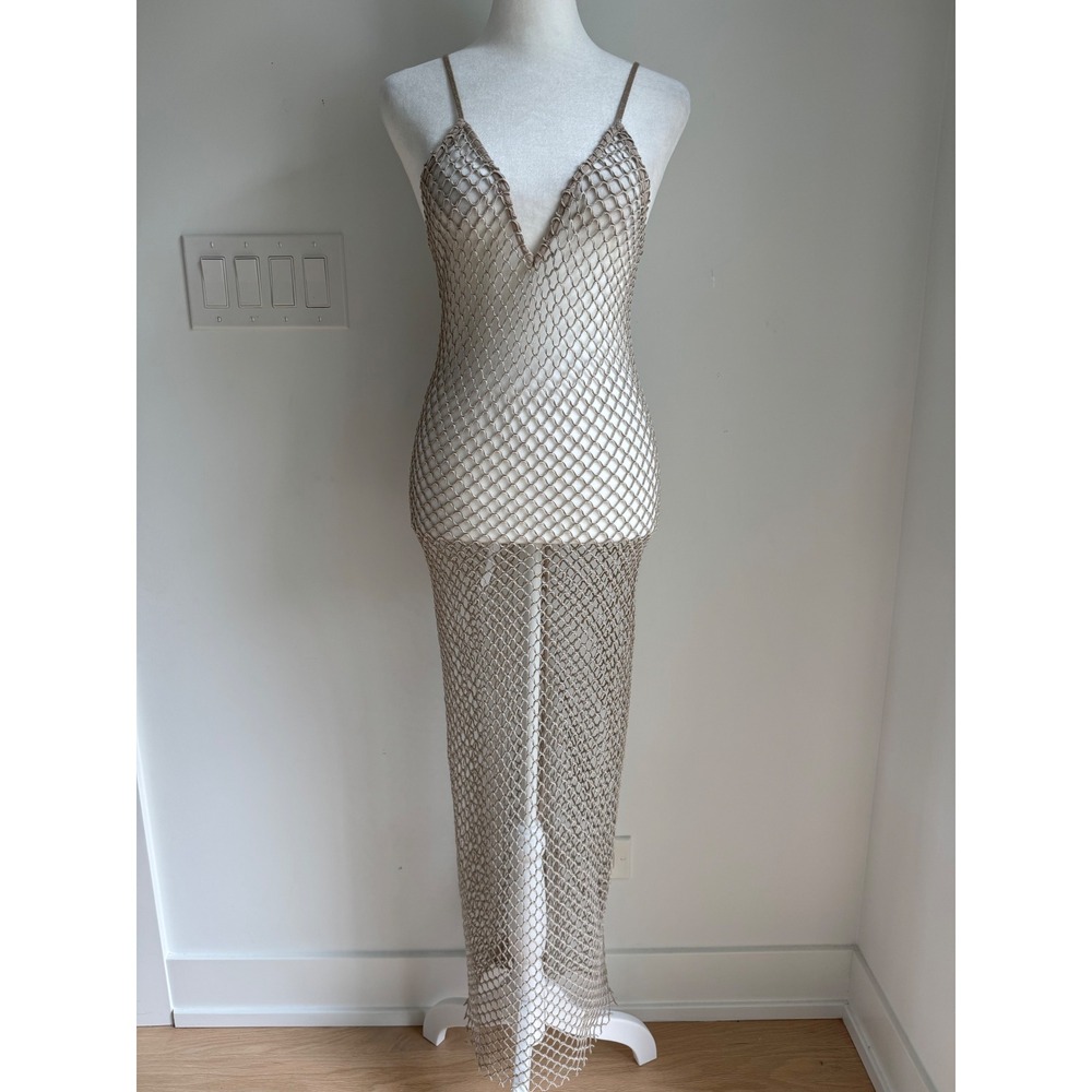 Zara Metallic Open Knit Maxi Dress Gold Crochet Net Cover Up Small NEW